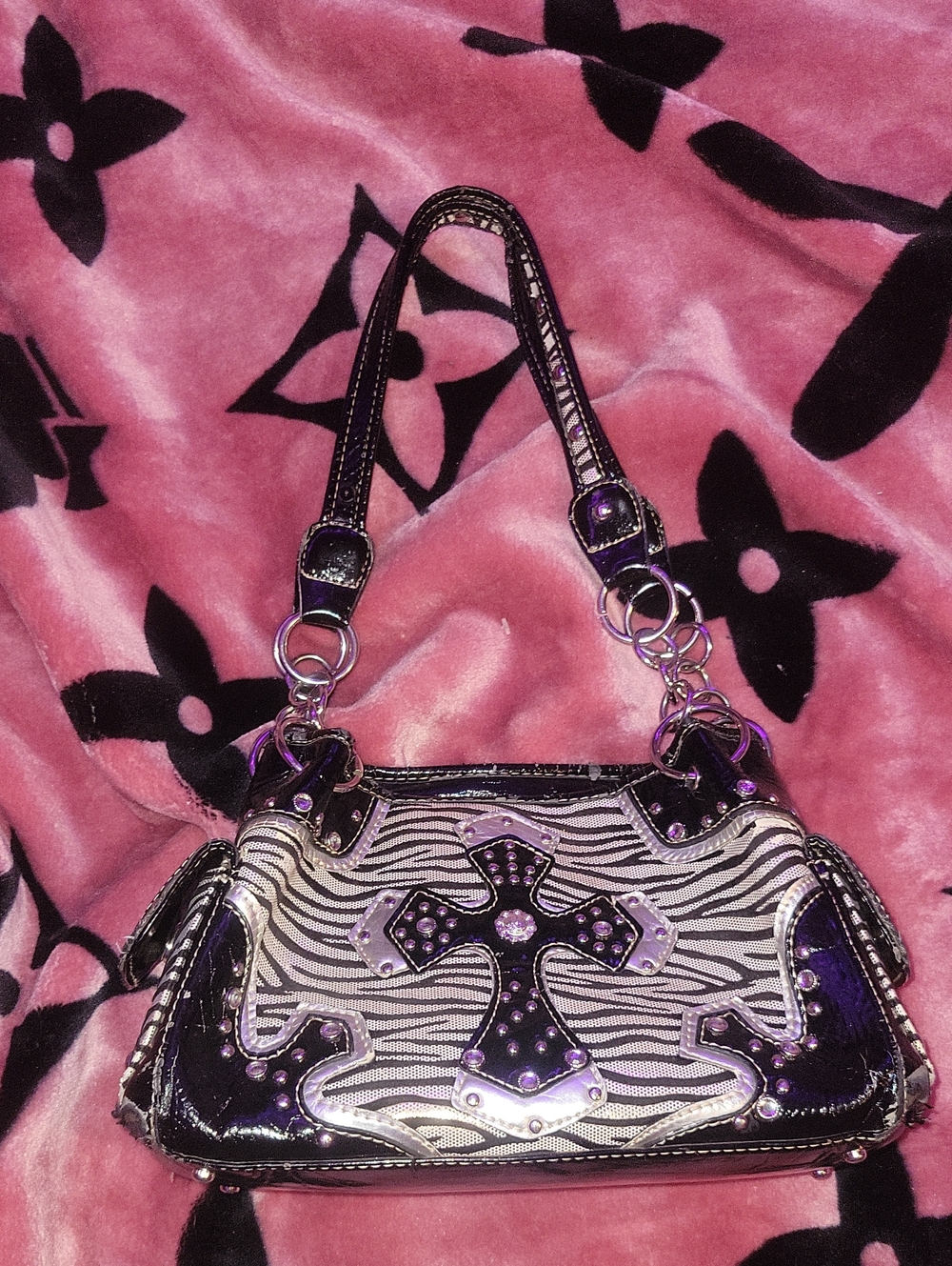 Zebra-Print Cross Accent Shoulder Bag
